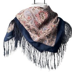Platki Russian Wool Shawl Navy Blue Paisley Floral Fringe Scarf 35” Square